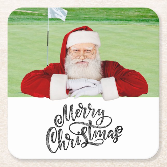 Santa golfer on green Christmas Party  Square Paper Coaster (Front)