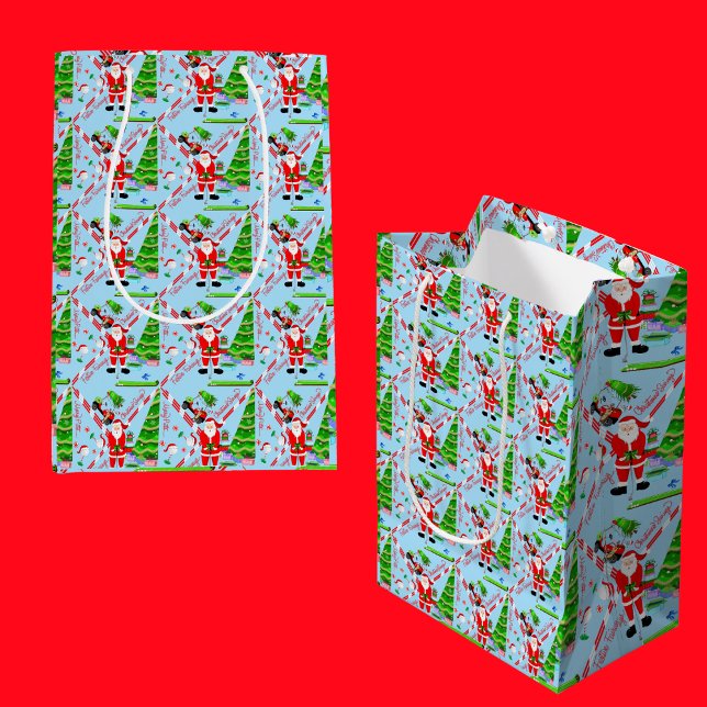 Santa Golfing by Christmas Tree Medium Gift Bag (Festive Golf Gifting! Fill with golf-themed surprises, share holiday joy!)