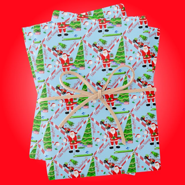 Santa Golfing by Christmas Tree Wrapping Paper Sheet (Santa's Golfing Magic - Tee Up the Holidays with Cheer!)