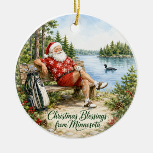 Santa Golfing in Minnesota Holiday Ceramic Tree Decoration