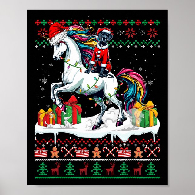 Santa Great Dane Riding Unicorn Christmas Sweater  Poster (Front)