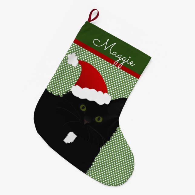 Santa Green Eyes Long Hair Black Cat Large Christmas Stocking (Front (Hanging))