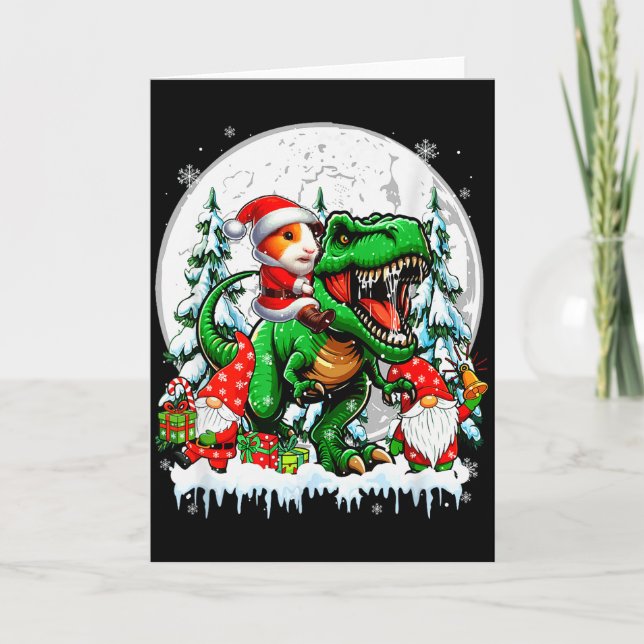 Santa Guinea G Riding T-rex Gnomes Christmas Trees Card (Front)