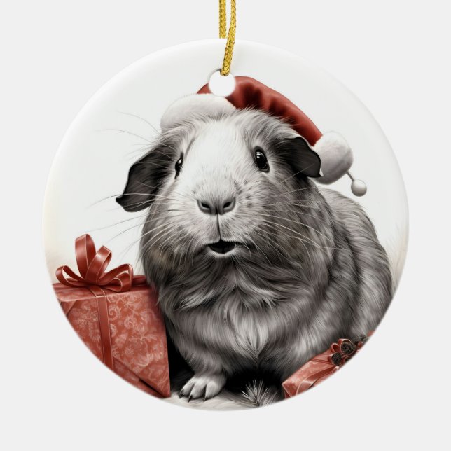 Santa Guinea Pig Christmas Ceramic Tree Decoration (Front)