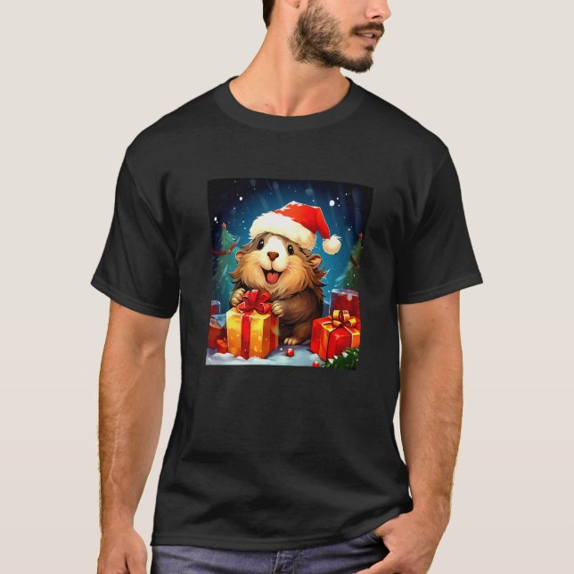 Santa Guinea Pig Christmas Holiday Pet Lovers Desi T-Shirt (Front)