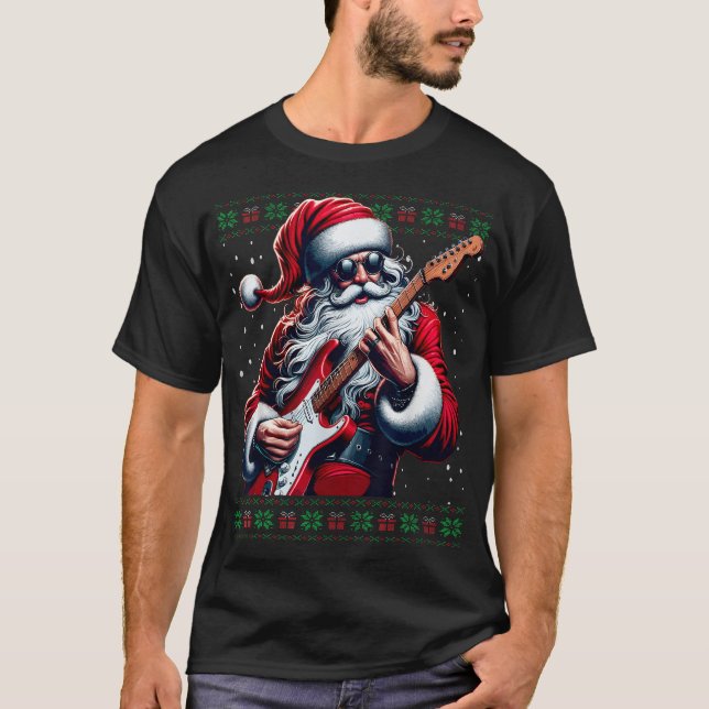 Santa Guitar Musician Guitarist Ugly Christmas  T-Shirt (Front)