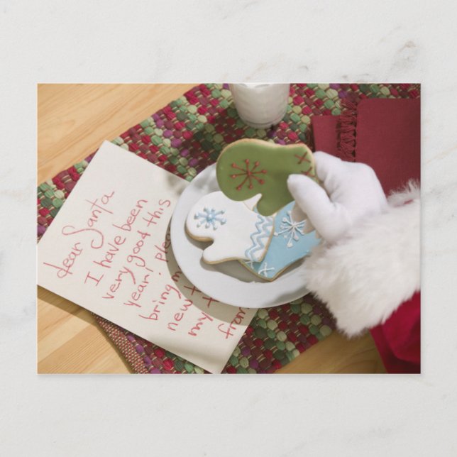Santa hand with cookies and note holiday postcard (Front)