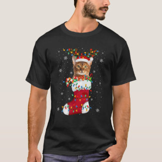 Santa Hat Abyssinian Cat Animal In Socks Xmas Tree T-Shirt