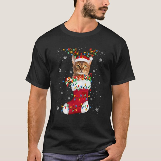 Santa Hat Abyssinian Cat Animal In Socks Xmas Tree T-Shirt (Front)