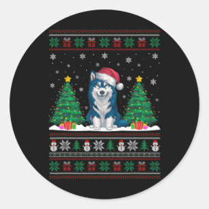 Santa Hat Alaskan Klee Kai Dog Xmas Tree Lights Ug Classic Round Sticker