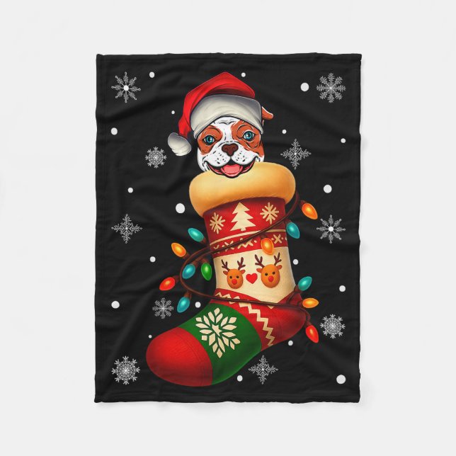 Santa Hat American Bulldog Dog In Christmas Socks  Fleece Blanket (Front)