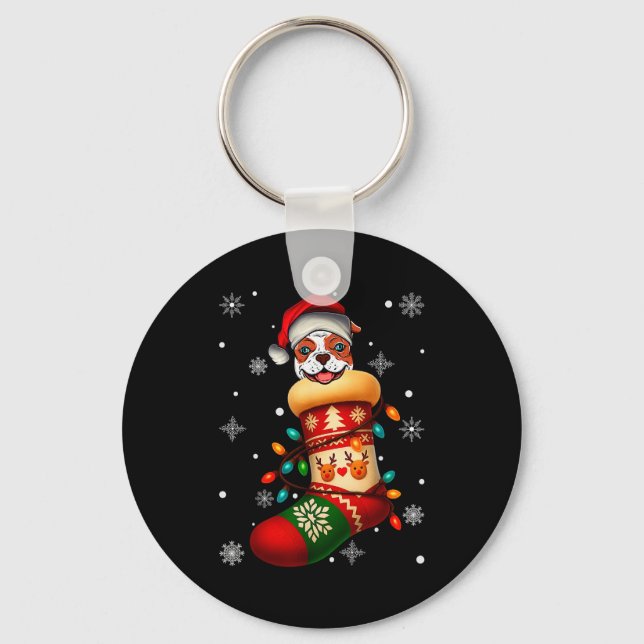 Santa Hat American Bulldog Dog In Christmas Socks  Key Ring (Front)