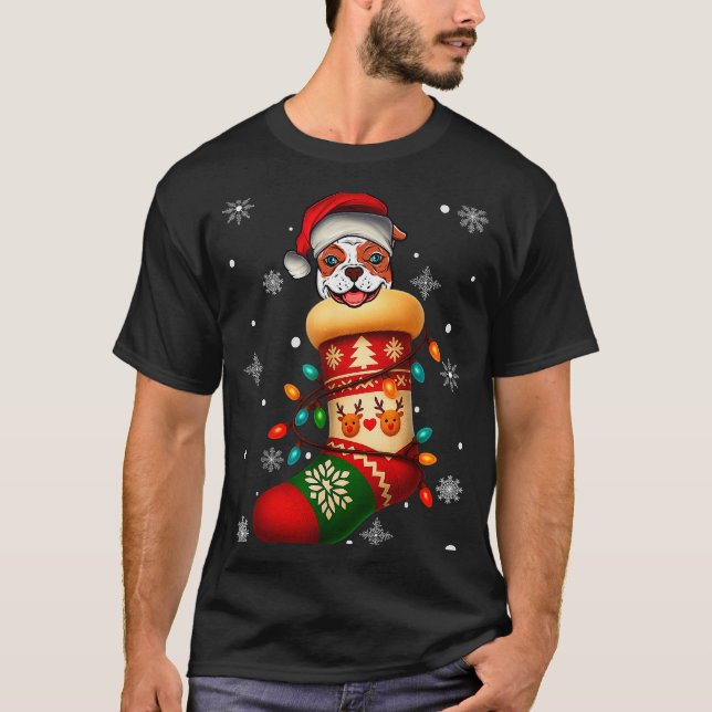 Santa Hat American Bulldog Dog In Christmas Socks  T-Shirt (Front)