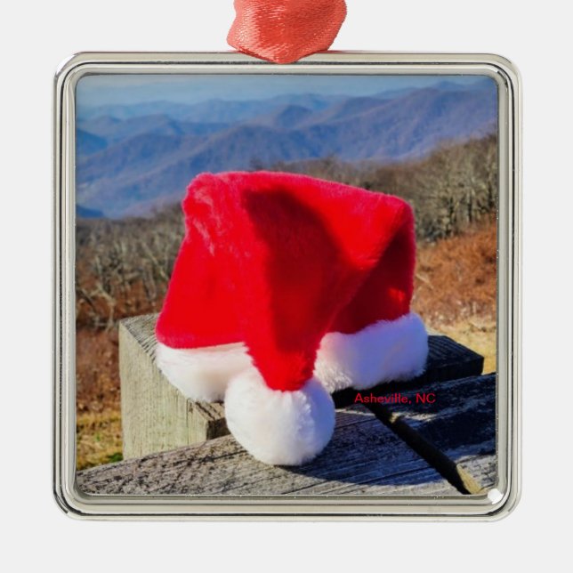 Santa hat and mountain view Asheville, NC Ornament (Front)