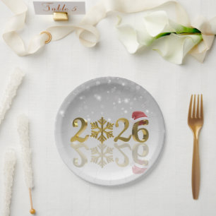 Santa Hat and Snowflake   Happy New Year 2026 Gold Paper Plate