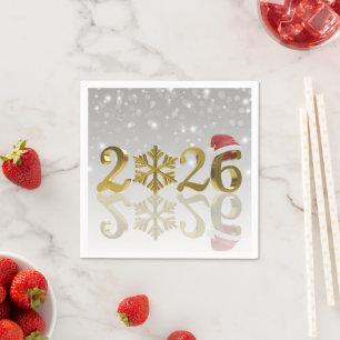 Santa Hat and Snowflake   Happy New Year Gold 2026 Napkin