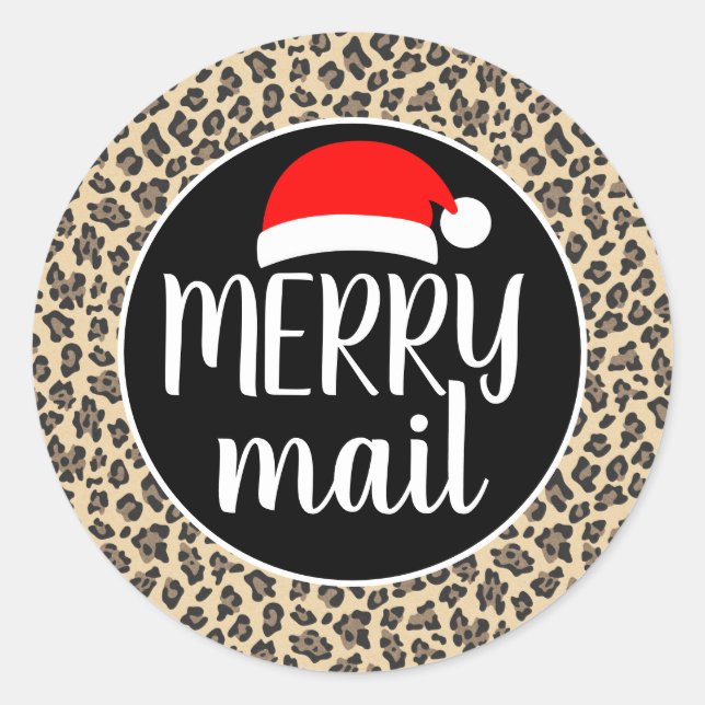 Santa Hat Animal Print Leopard Merry Mail Classic Round Sticker (Front)