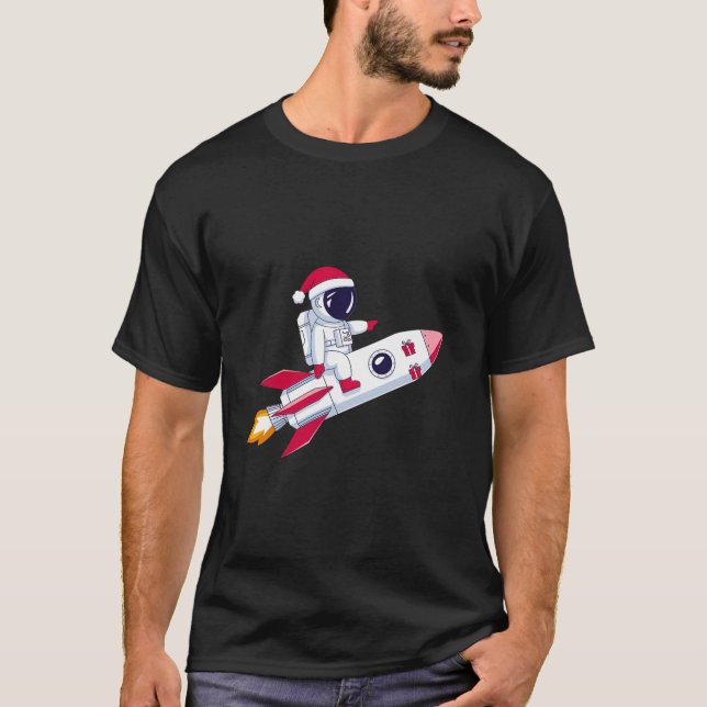 Santa Hat Astronaut Riding Rocket Christmas T-Shirt (Front)