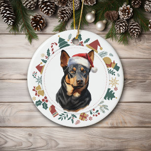 Santa Hat Australian Kelpie Dog Christmas Wreath Ceramic Tree Decoration