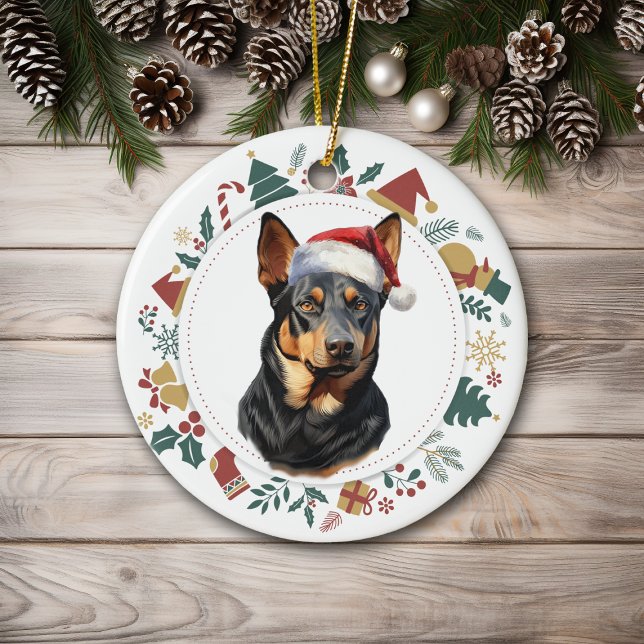 Santa Hat Australian Kelpie Dog Christmas Wreath Ceramic Tree Decoration (Creator Uploaded)