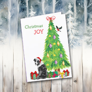 Santa Hat Australian Shepherd and Christmas Tree Holiday Card