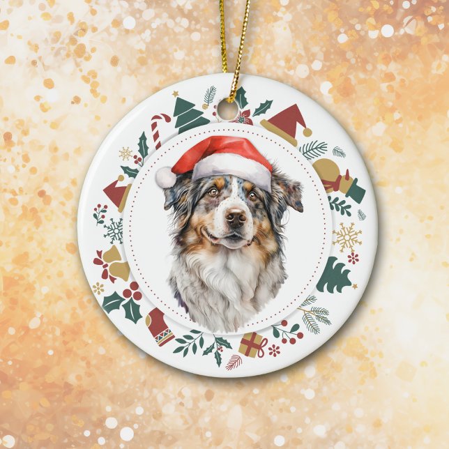 Santa Hat Australian Shepherd Dog Christmas Wreath Ceramic Tree Decoration (Creator Uploaded)