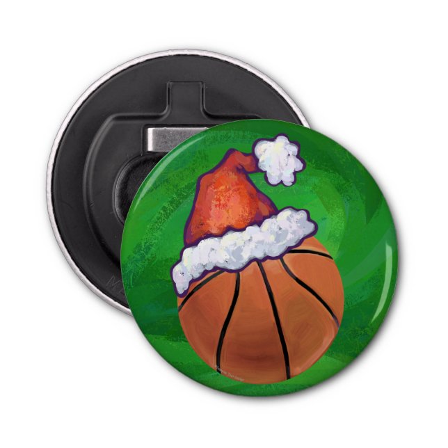Santa Hat Basketball on Green Bottle Opener (Front)