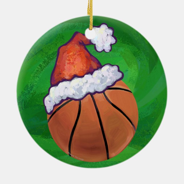 Santa Hat Basketball on Green Ceramic Tree Decoration (Back)