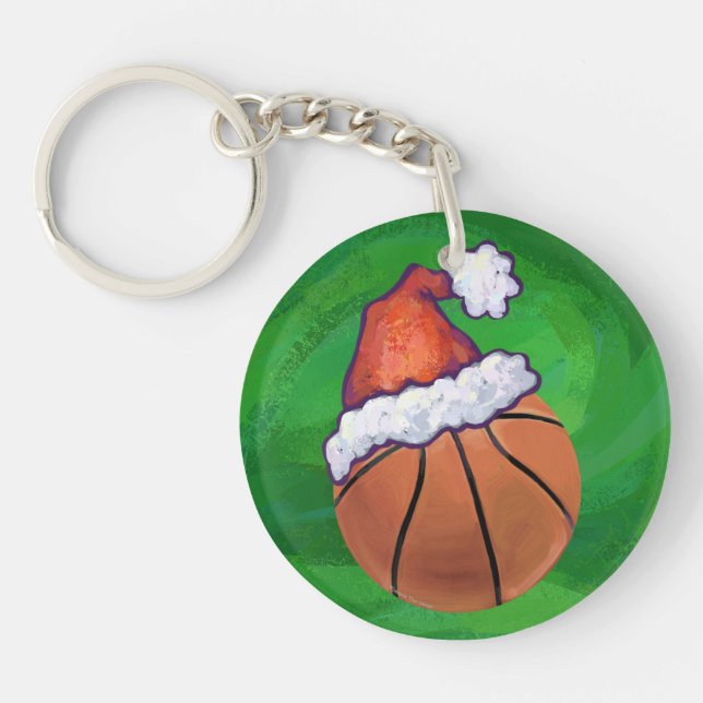 Santa Hat Basketball on Green Key Ring (Front)