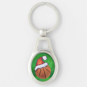 Santa Hat Basketball on Green Key Ring