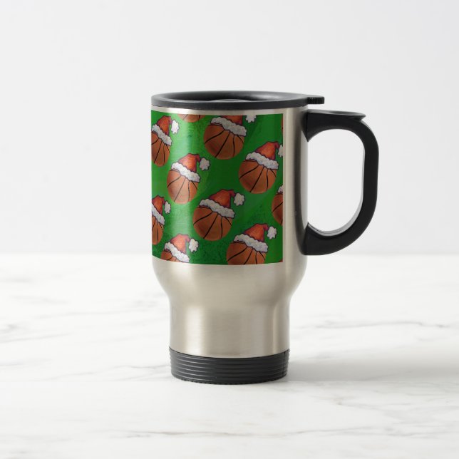 Santa Hat Basketball on Green Travel Mug (Right)