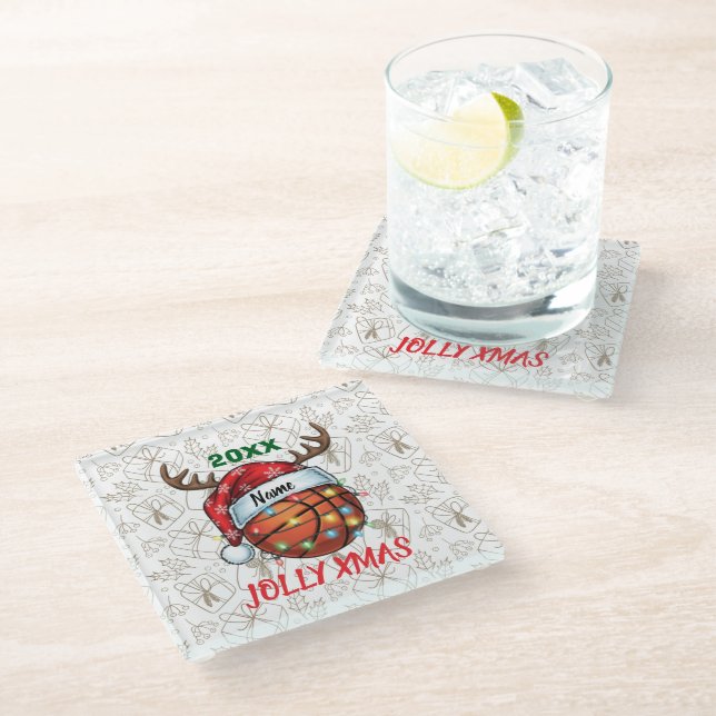 Santa Hat Basketball Reindeer Christmas Fun Sport Glass Coaster (Angled)