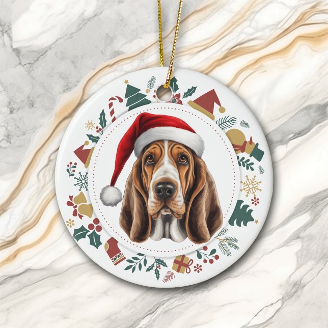 Santa Hat Basset Hound Dog Christmas Images Wreath Ceramic Tree Decoration (Creator Uploaded)