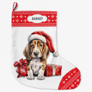 Santa Hat Basset Hound Puppy Snowflake Border Large Christmas Stocking