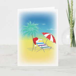 Santa Hat, Beach Chair, Umbrella, Palm,Red Holiday Card