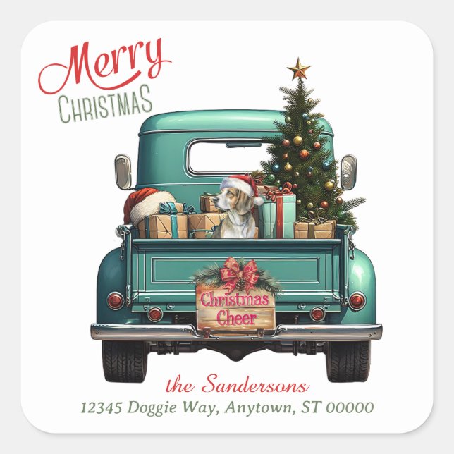 Santa Hat Beagle Dog Retro Truck Christmas Square Sticker (Front)