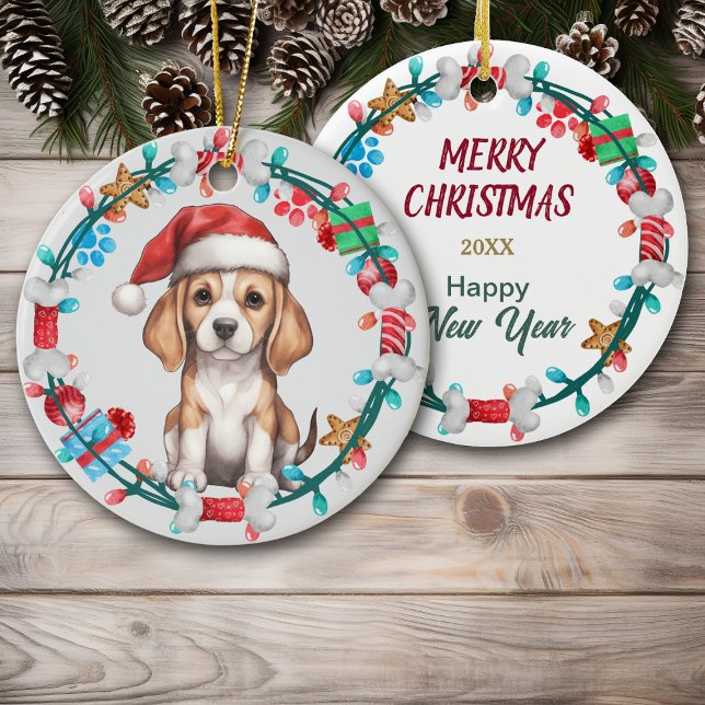 Santa Hat Beagle Puppy Bone Wreath Ceramic Tree Decoration (Creator Uploaded)