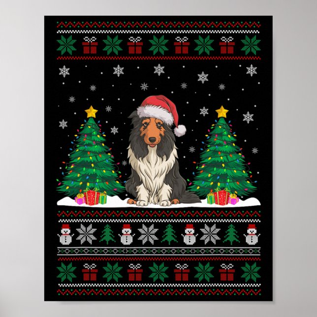 Santa Hat Bearded Collie Dog Xmas Tree Lights Ugly Poster (Front)