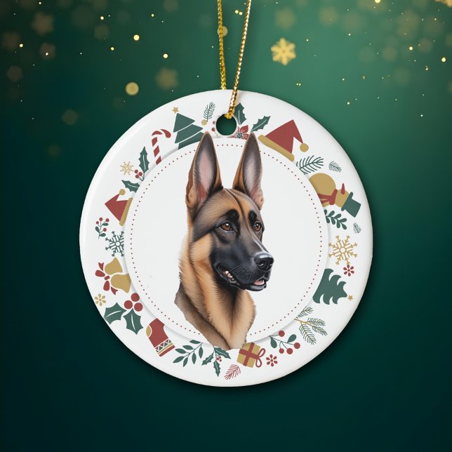 Santa Hat Belgian Malinois Dog Christmas Wreath Ceramic Tree Decoration (Creator Uploaded)