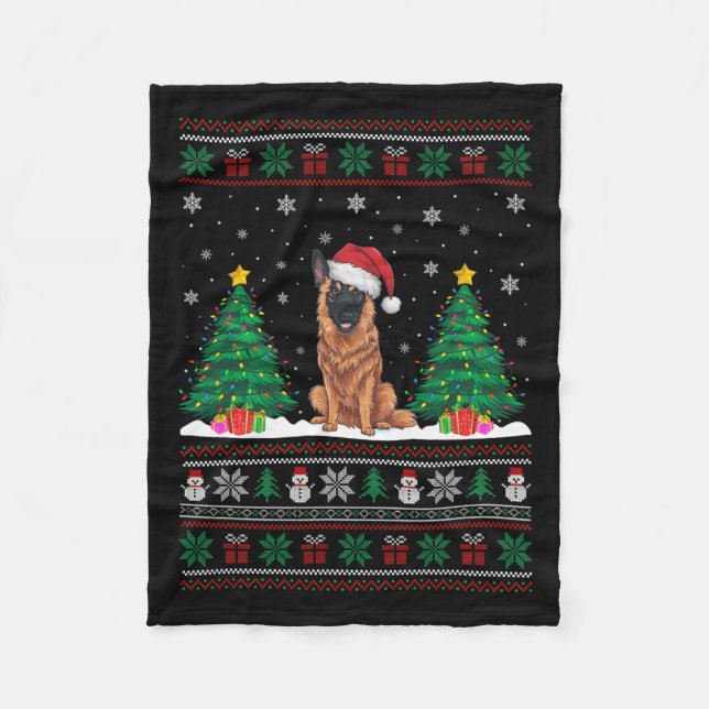 Santa Hat Belgian Malinois Dog Xmas Tree Lights Ug Fleece Blanket (Front)