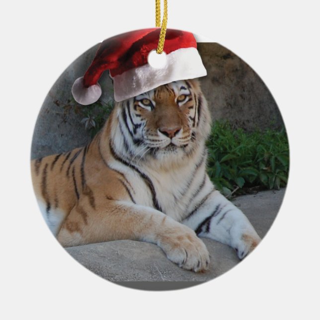 Santa Hat Bengal Tiger Ceramic Tree Decoration (Front)