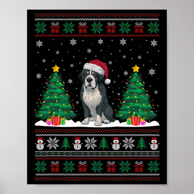 Santa Hat Bernard Dog Christmas Tree Lights Ugly S Poster (Front)
