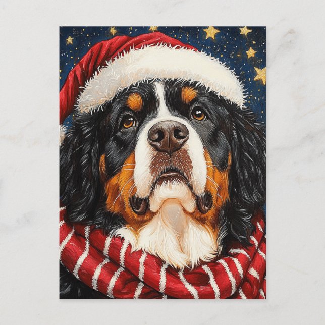 Santa Hat Bernese Mountain Dog Blue Gold Starry Postcard (Front)