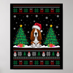Santa Hat Bet Hound Dog Xmas Tree Lights Ugly Swea Poster