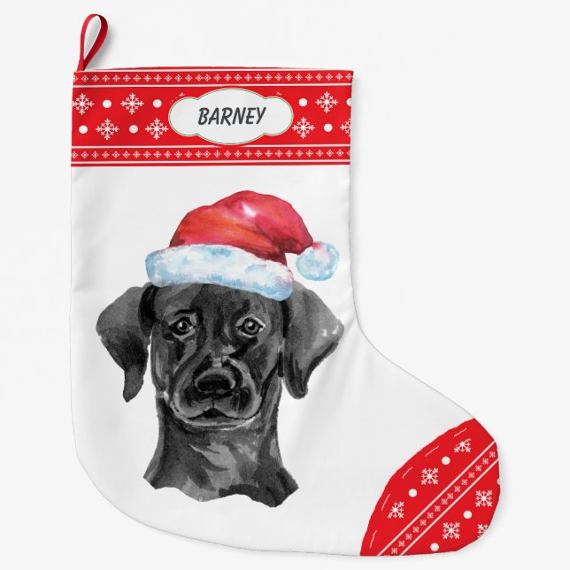 Santa Hat Black Lab Snowflake Border Large Christmas Stocking (Front)