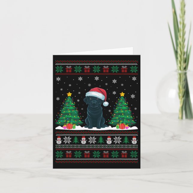 Santa Hat Black Labrador Dog Xmas Tree Lights Ugly Card (Front)