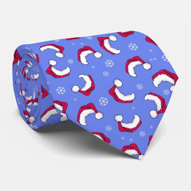 Santa Hat Blue Christmas Neck Tie (Rolled)