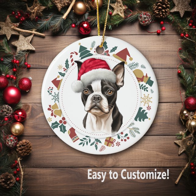 Santa Hat Boston Terrier Dog Christmas Wreath Ceramic Tree Decoration (Creator Uploaded)