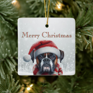 Santa Hat Boxer Dog Christmas Ceramic Ornament