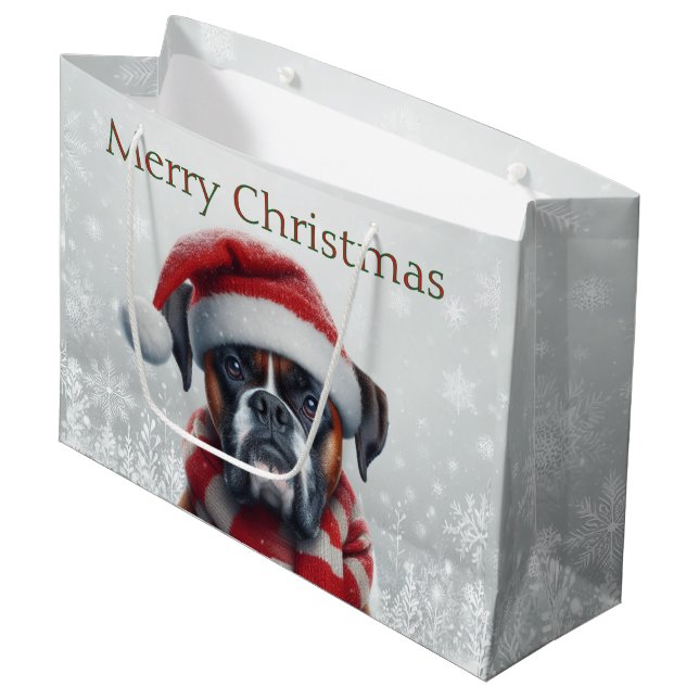 Santa Hat Boxer Dog Christmas Large Gift Bag (Front Angled)
